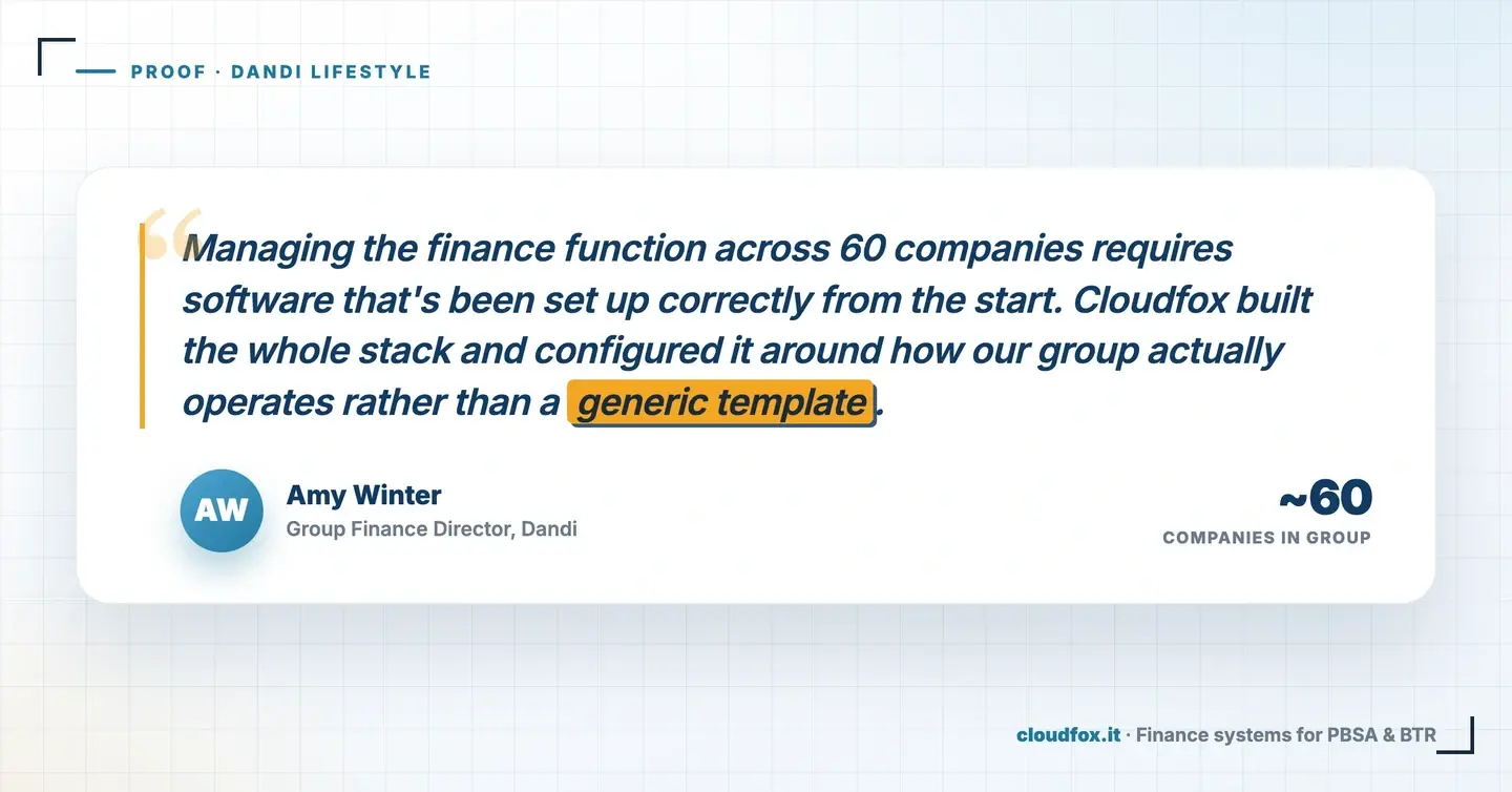 Amy Winter, Group Finance Director at Dandi: managing the finance function across 60 companies requires software set up correctly from the start, with Cloudfox configuring the whole stack around how the group actually operates rather than a generic template