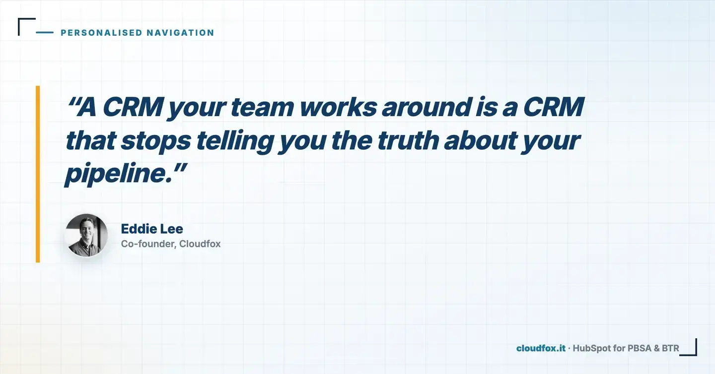 Pull quote from Eddie Lee: a CRM your team works around is a CRM that stops telling you the truth about your pipeline