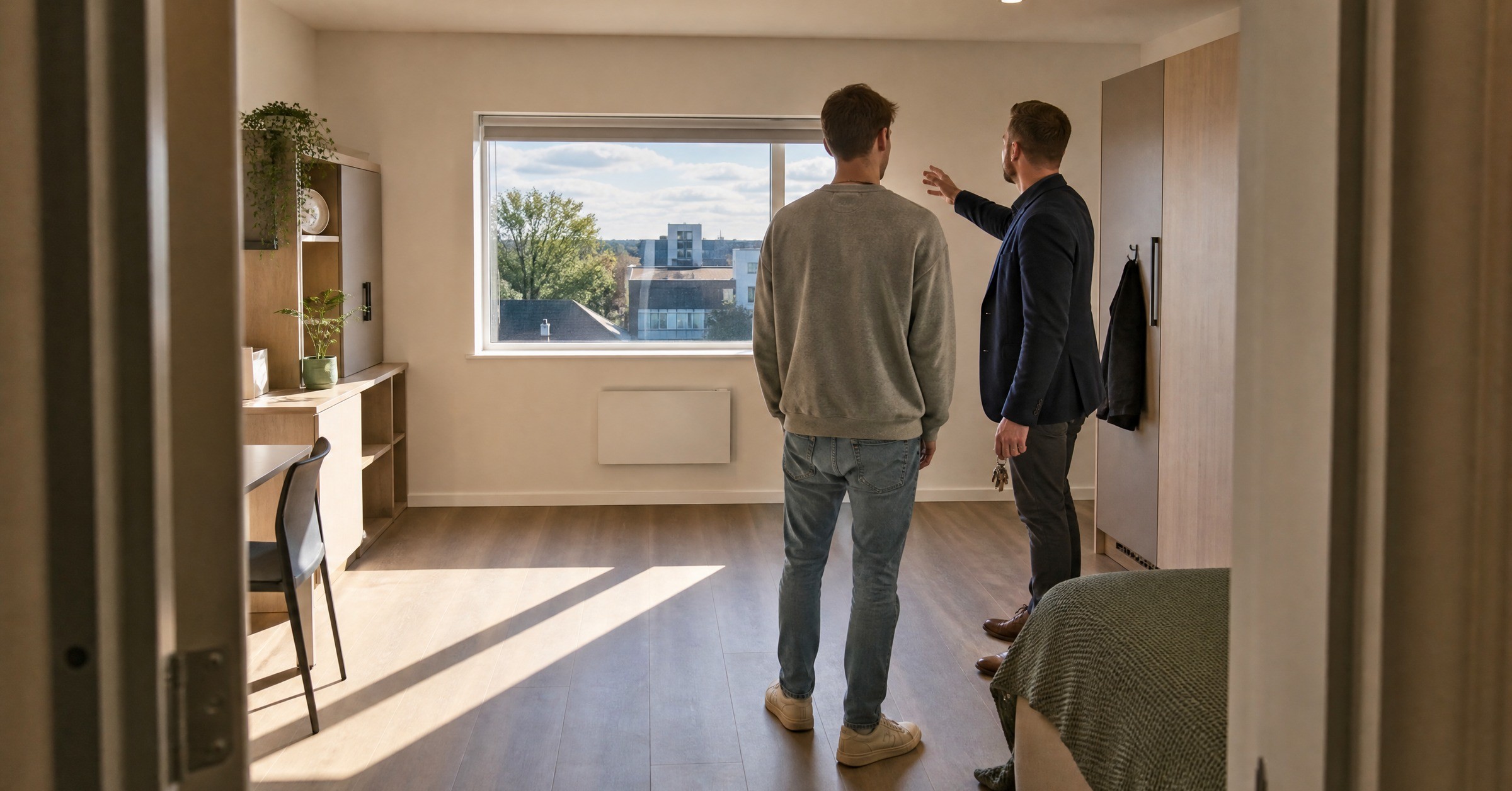 A leasing consultant shows a prospective resident around a newly finished student studio, gesturing towards the window