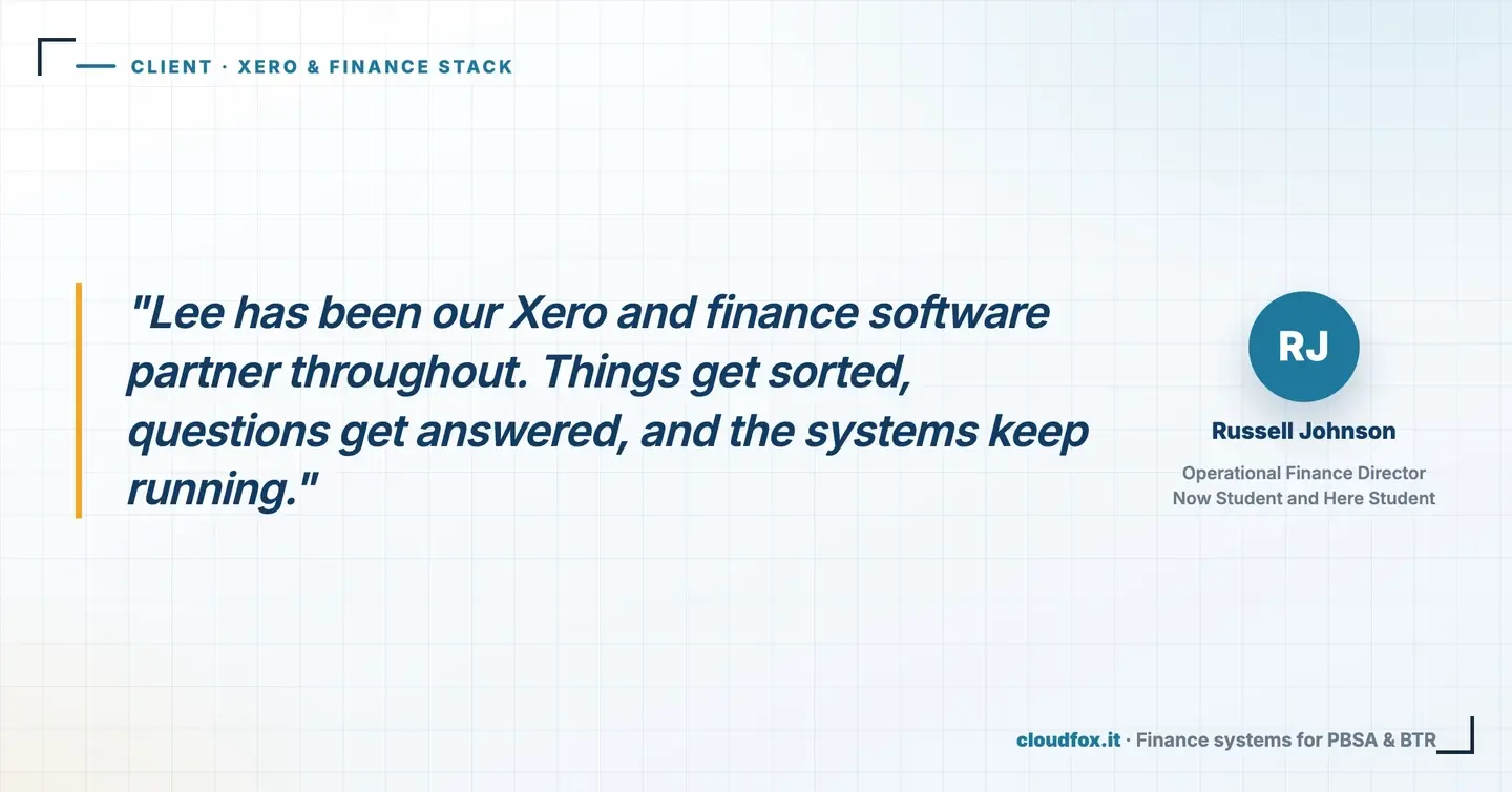 Client quote card: Russell Johnson, Operational Finance Director at Now Student and Here Student, on Cloudfox as their Xero and finance software partner